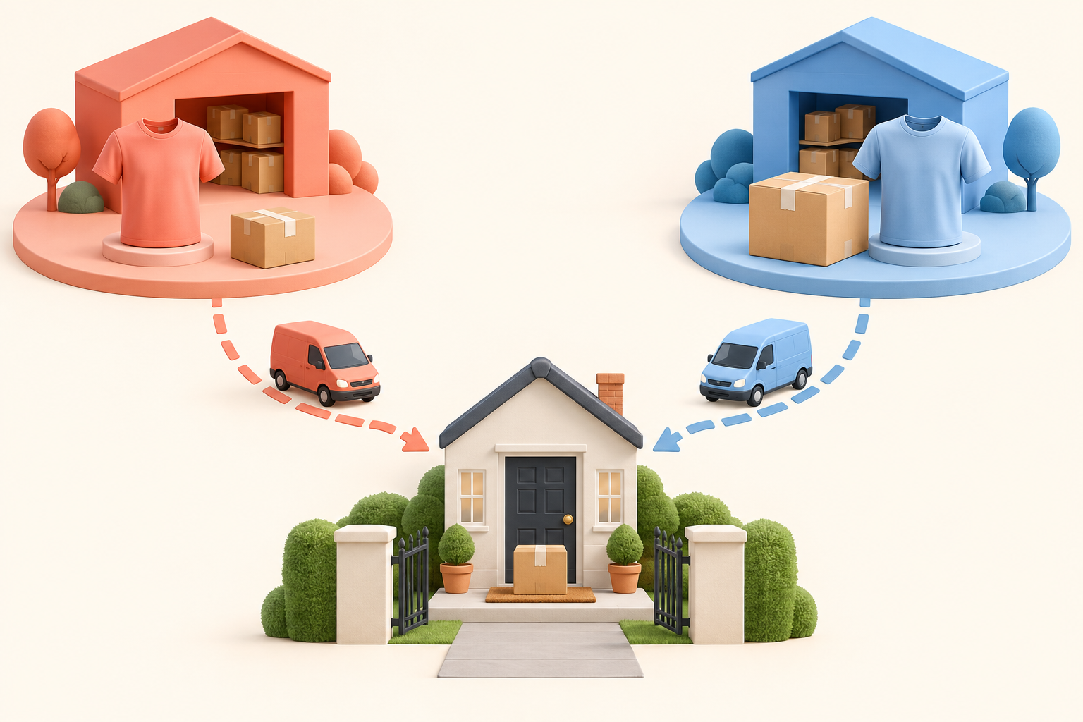 Two POD suppliers sending comparable product parcels along parallel delivery routes