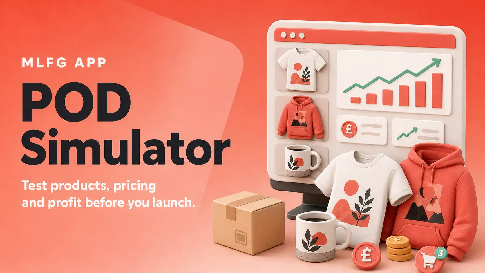 POD Simulator app thumbnail with print-on-demand products, a rising chart and pound symbols