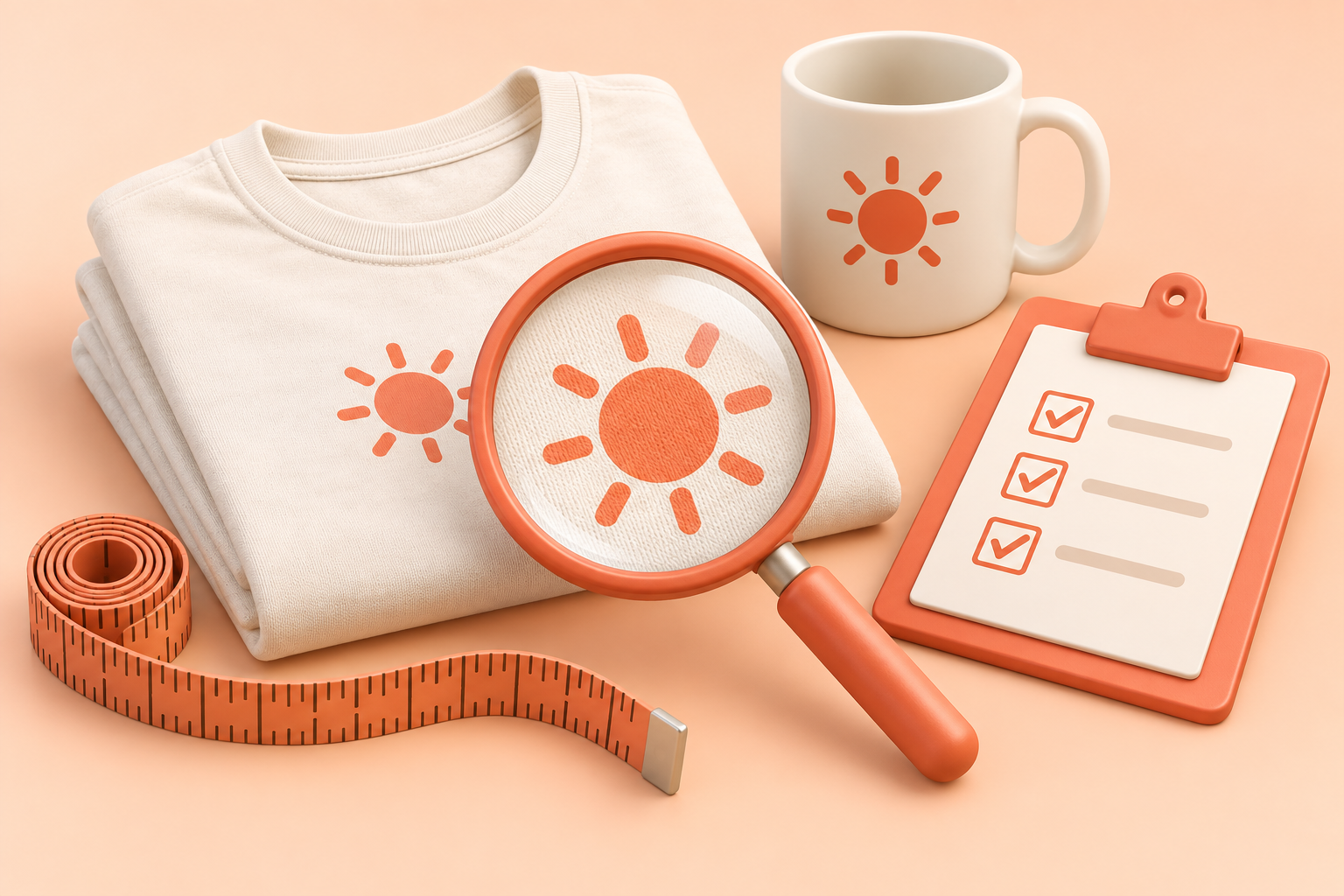 Printed shirt, mug, magnifying glass and checklist for inspecting POD samples