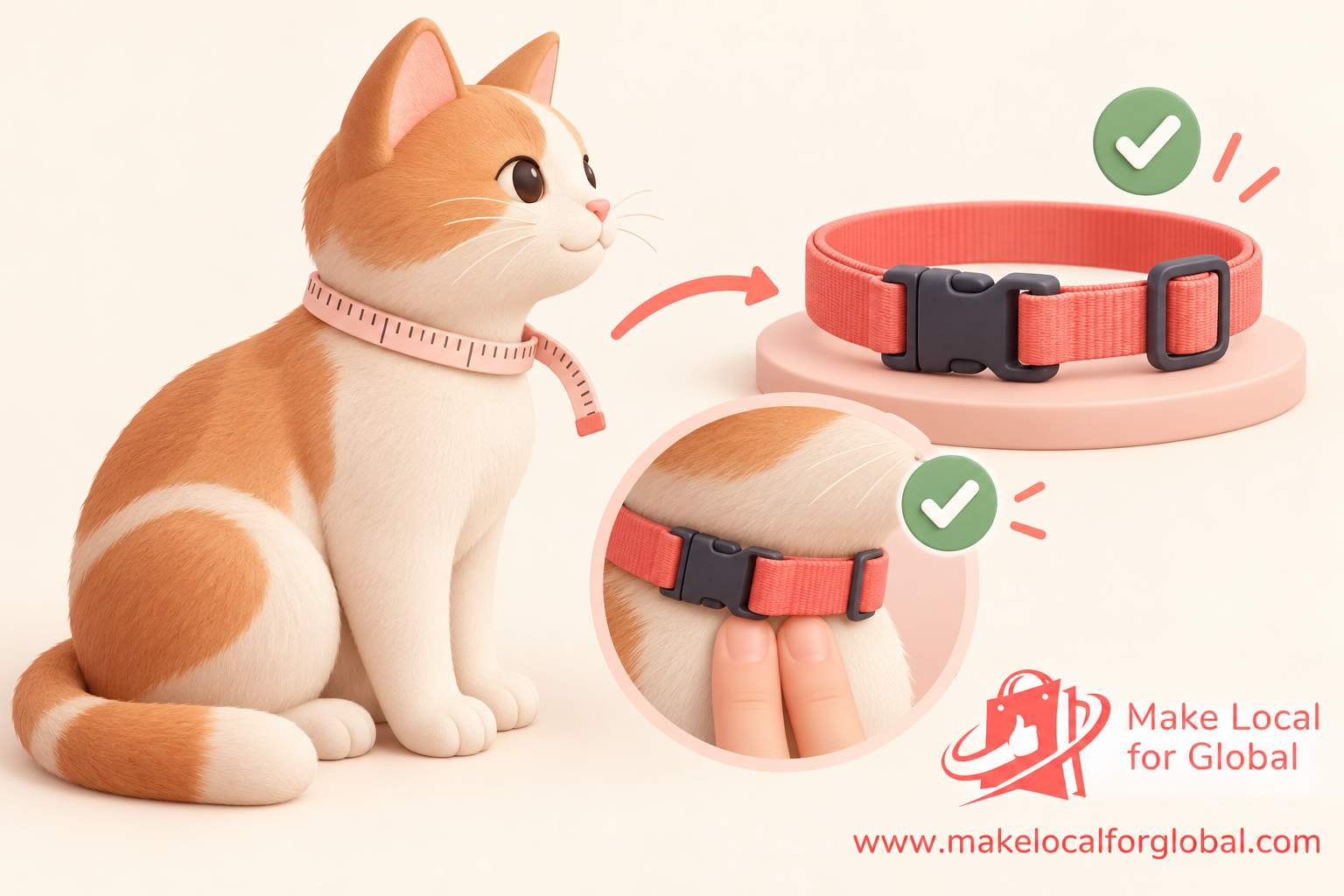 Cat collar sizing illustration showing a loose neck measurement, quick-release collar and comfortable two-finger fit check