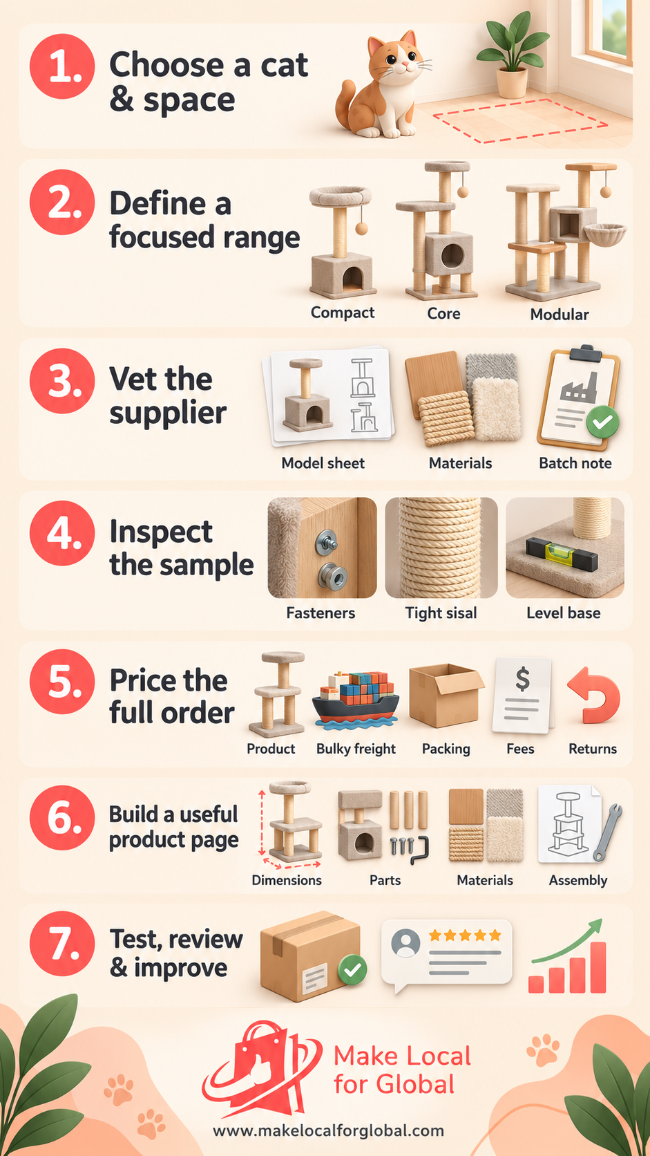 Thirty-day cat tree launch plan covering supplier checks, sample inspection, pricing, product details and first sales.