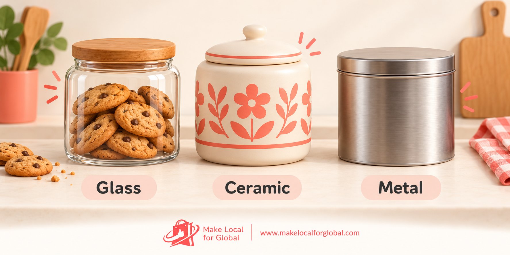 Cookie jar material comparison showing glass, ceramic and metal formats
