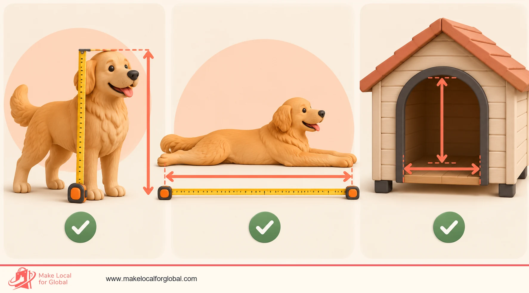 Diagram showing dog height and lying length measured against the dog kennel doorway and inside dimensions.