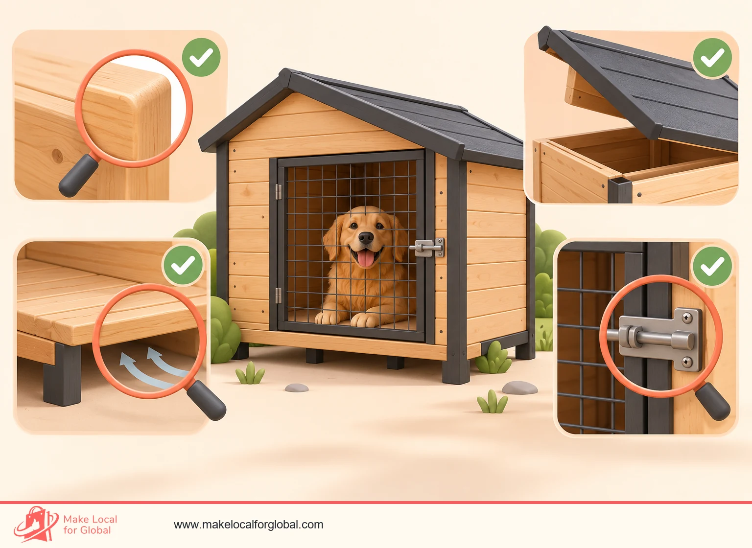 Dog kennel sample inspection showing smooth timber edges, raised floor, removable roof and secure mesh latch.