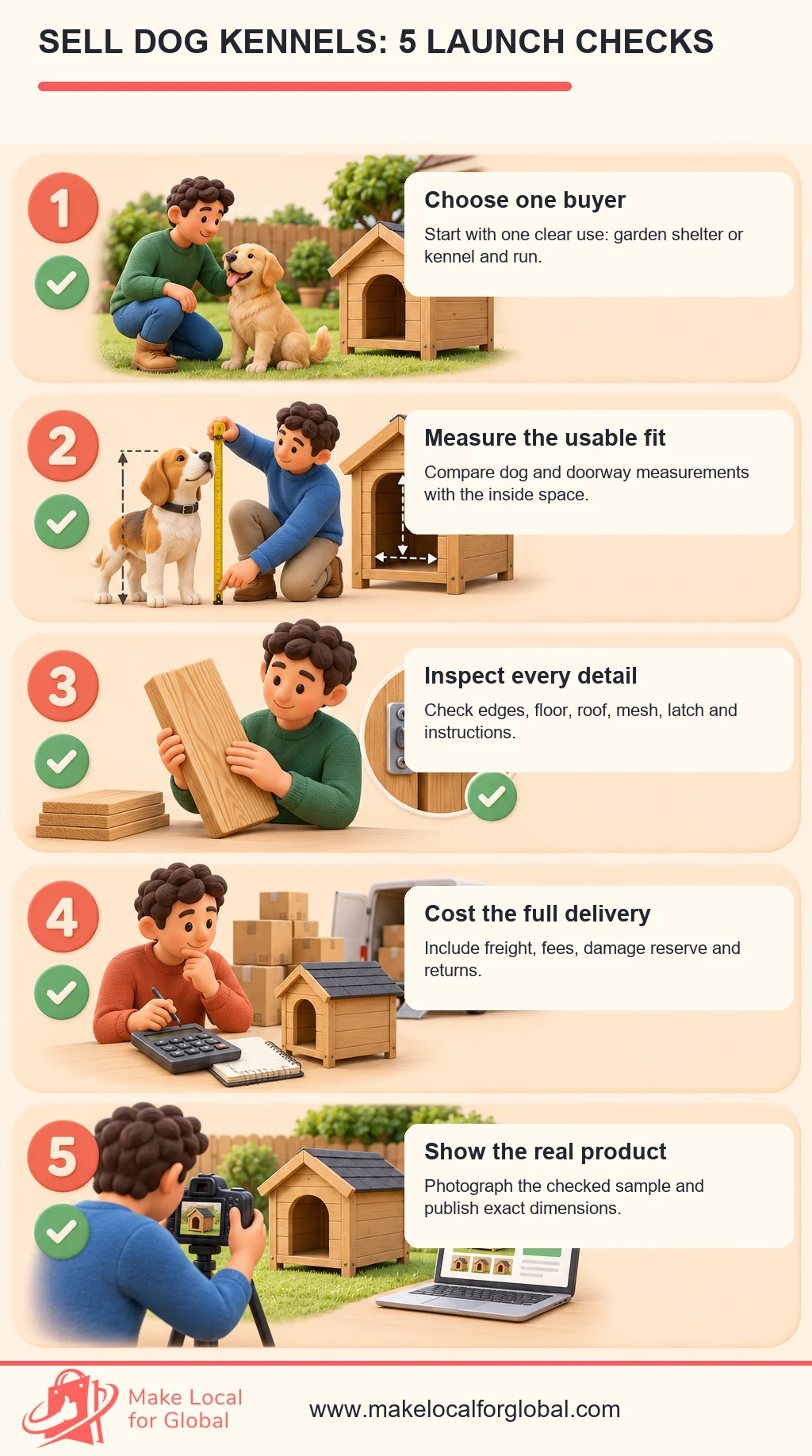 Five-step dog kennel launch plan: choose a buyer, measure fit, inspect a sample, cost delivery and photograph the product.