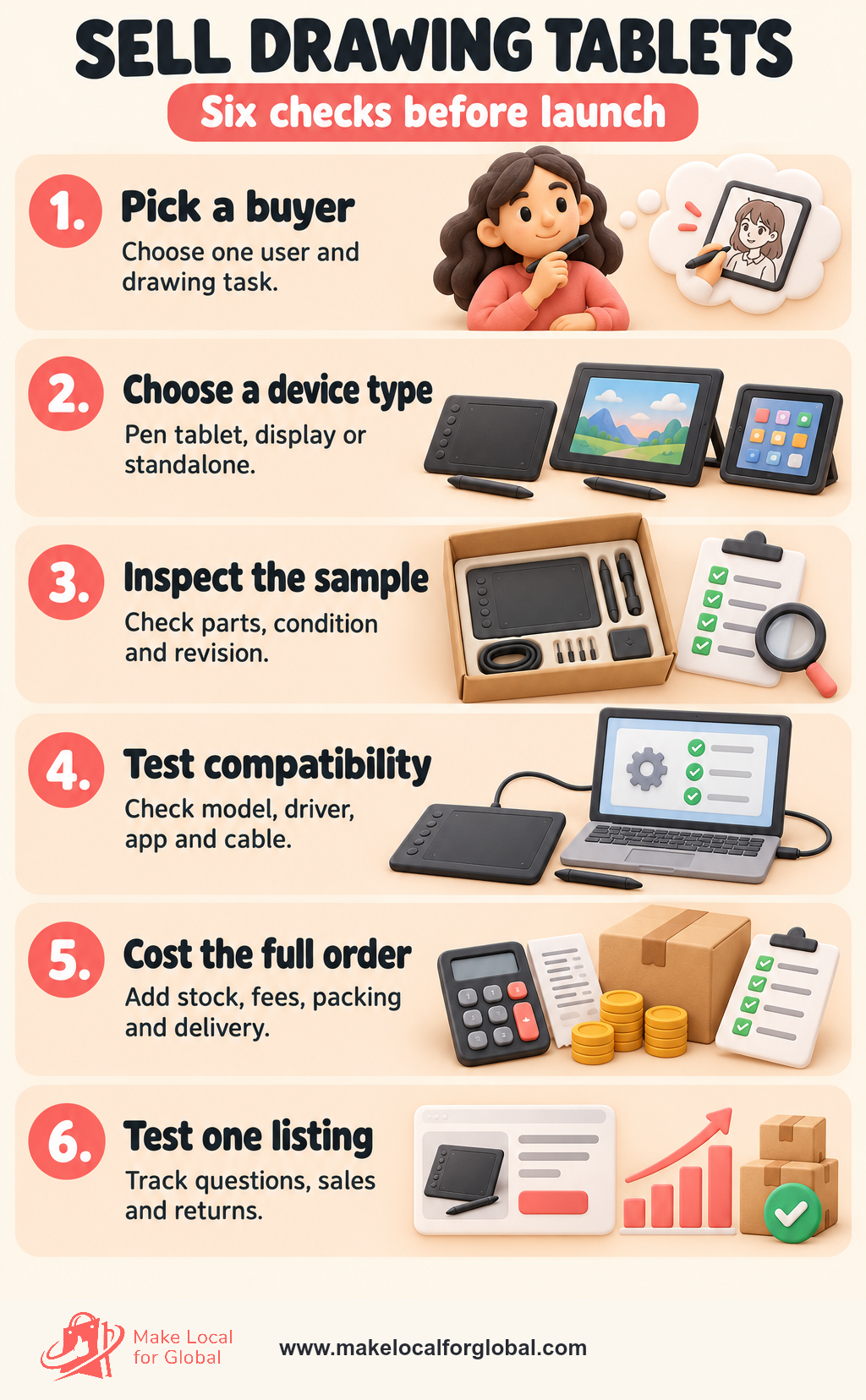 Six-stage drawing-tablet launch plan: choose a buyer, select a device, inspect a sample, test compatibility, cost the order and test one listing.