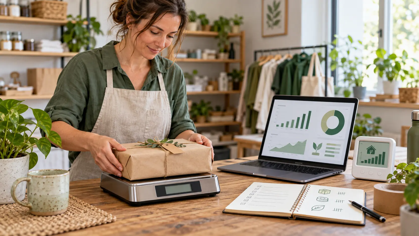 Ecommerce shop owner weighing a parcel and reviewing packaging and energy-use data.