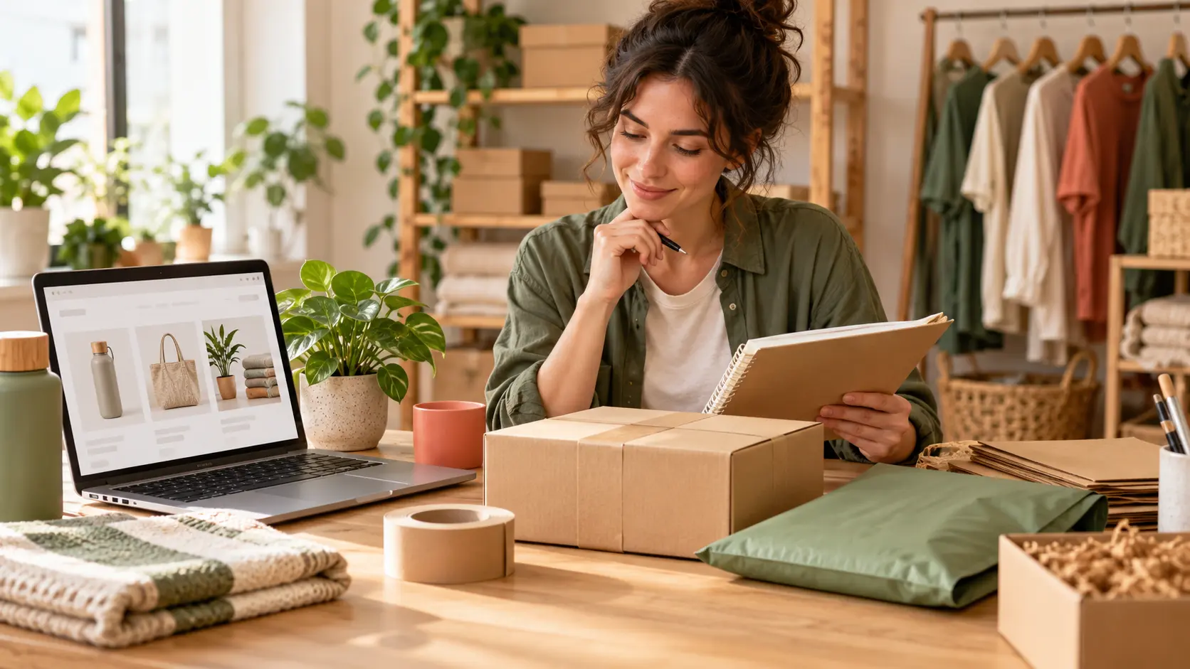 Small business owner reviewing products and stock information for an online shop